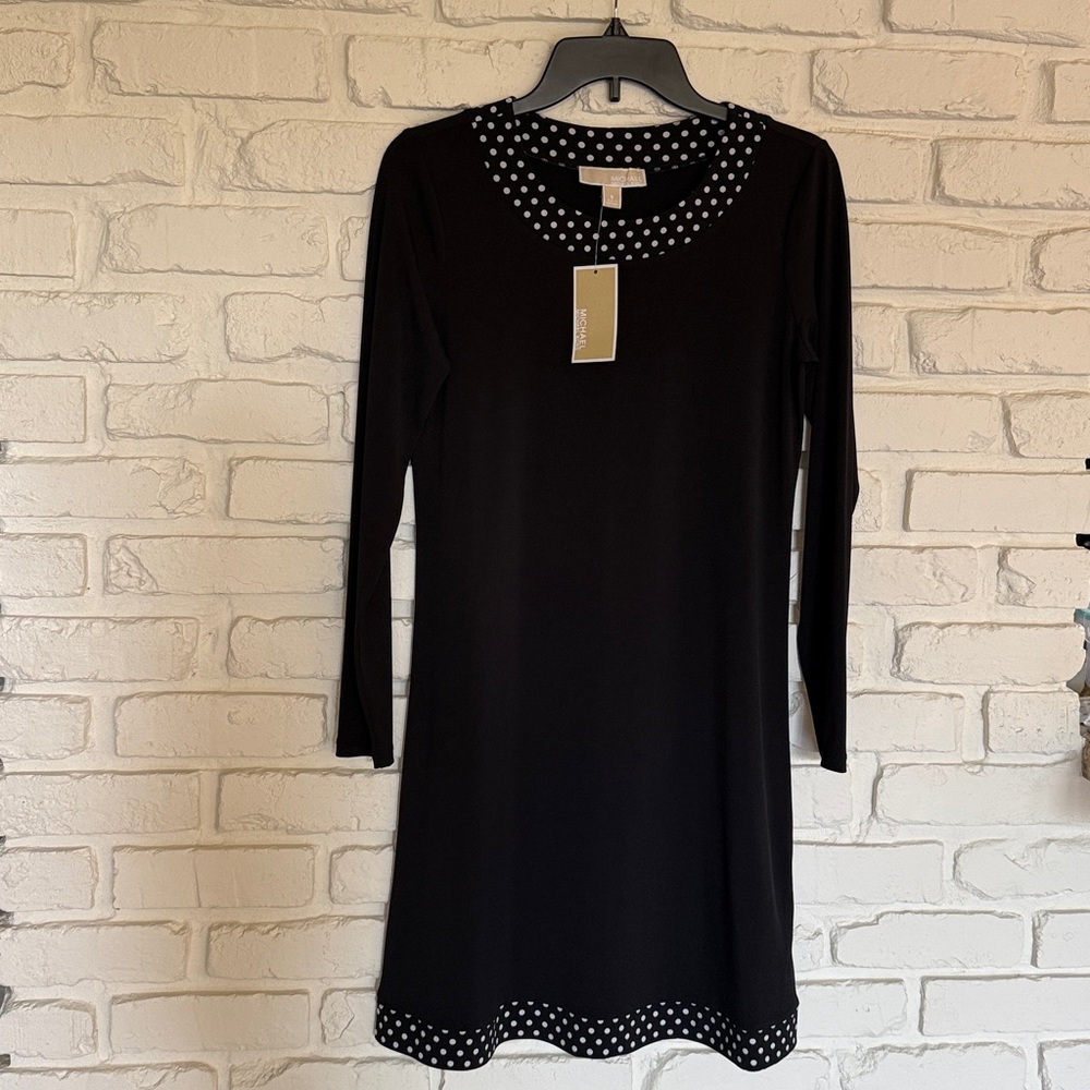Michael Kors Black Dress with Polka Dot Collar and Trim Small Long Sleeved-cute!